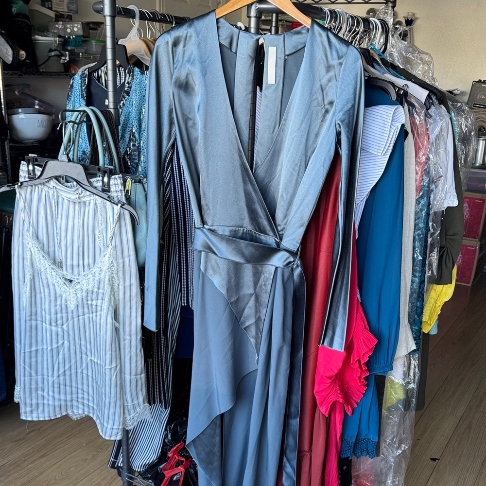 Elegant Blue Satin Wrap Dress